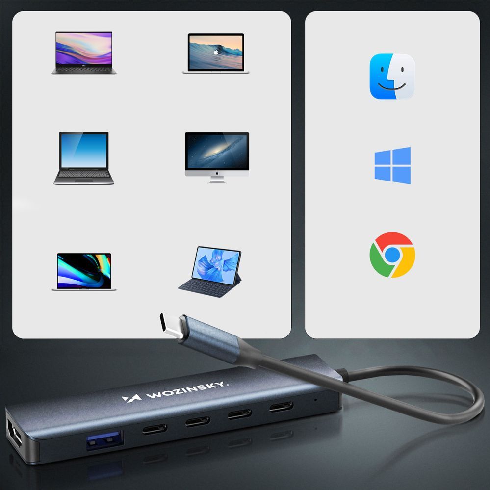 Üleminek Wozinsky USB-C 6 in 1 Hub Wozinsky WHBC10Y4S Multifunctional, Aluminum, with 25 cm Cable - Gray