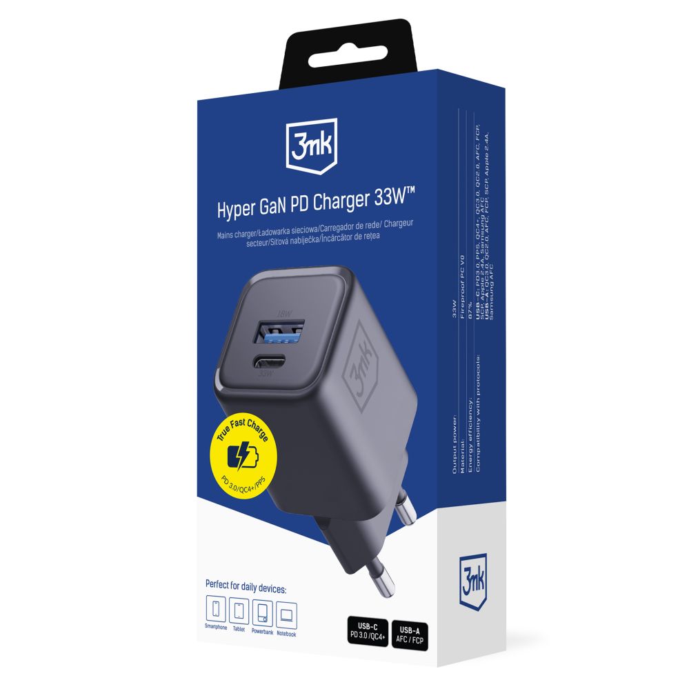 Muud kaubad 3MK 3mk Hyper Charger PD 33W GaN QC4+ PPS AFC FCP SCP 1A1C Wall Charger - Black
