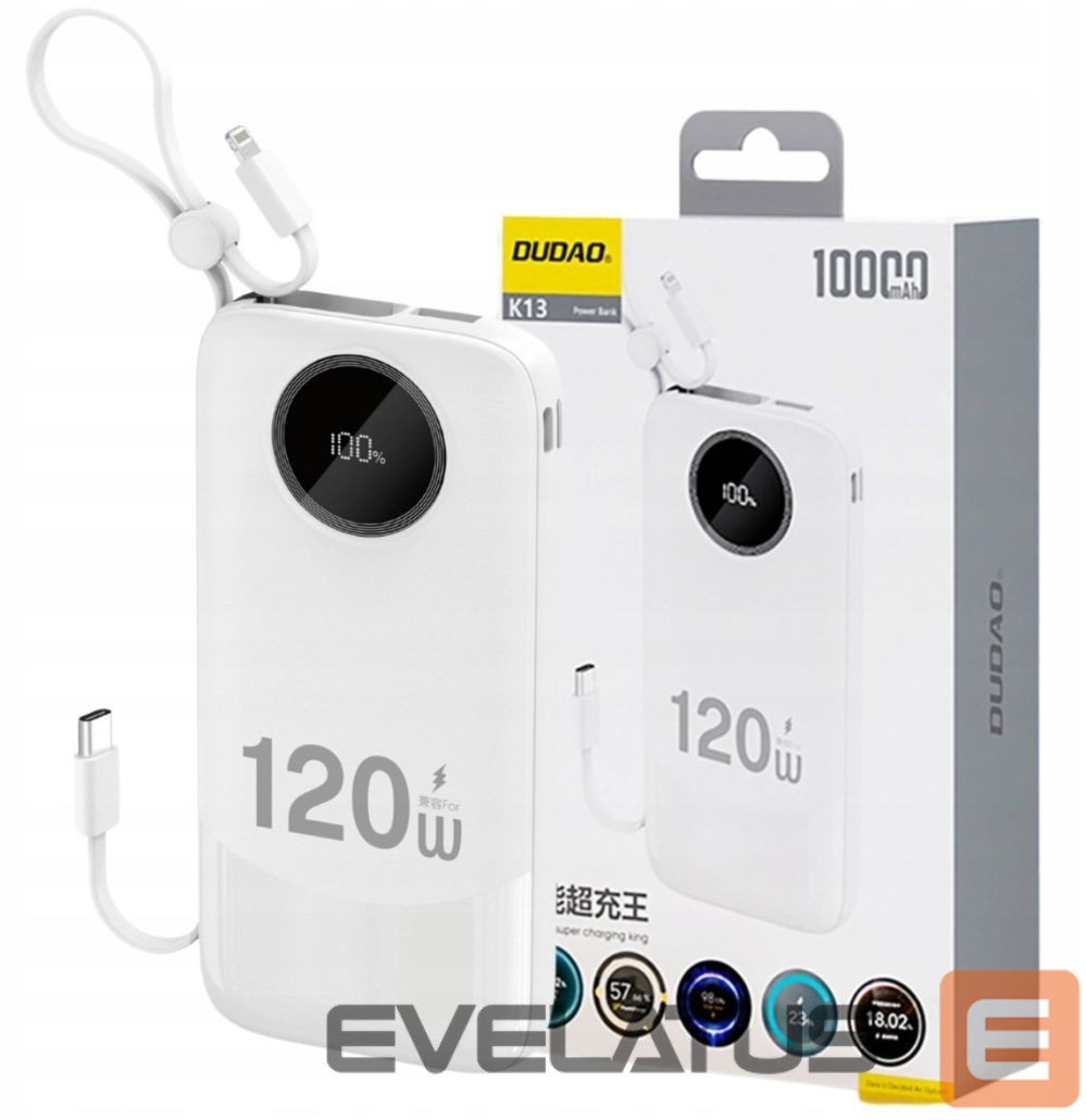 Power bank Dudao 120W fast charge built-in cable digital display 10000mAh White