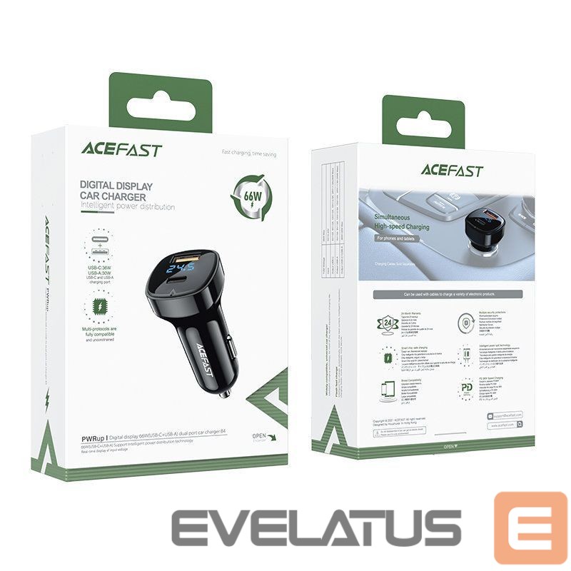 Adapter Acefast Acefast car charger 66W USB Type C / USB, PPS, Power Delivery, Quick Charge 4.0, AFC, FCP black (B4 black)