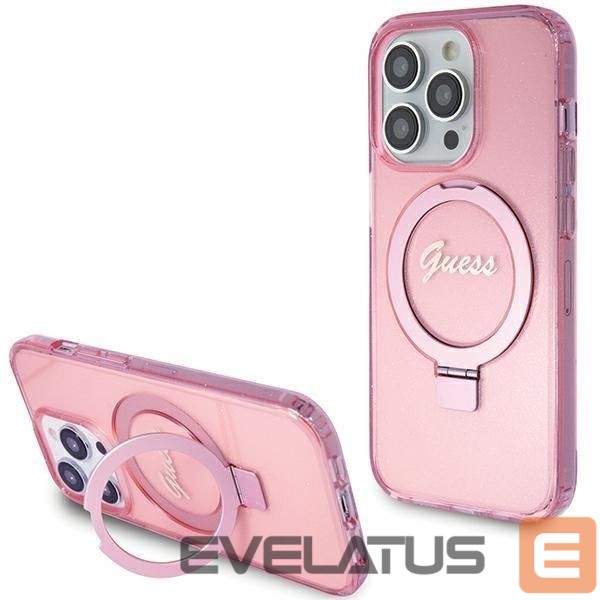 Back panel cover Guess Guess Ring Stand Script Glitter MagSafe case for iPhone 15 Pro Max - pink