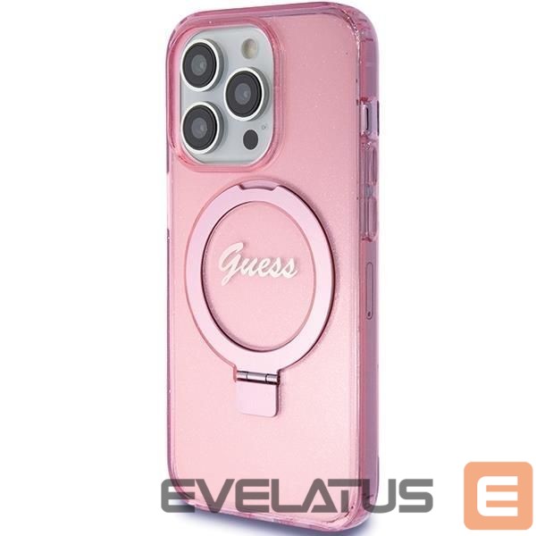 Back panel cover Guess Guess Ring Stand Script Glitter MagSafe case for iPhone 15 Pro Max - pink