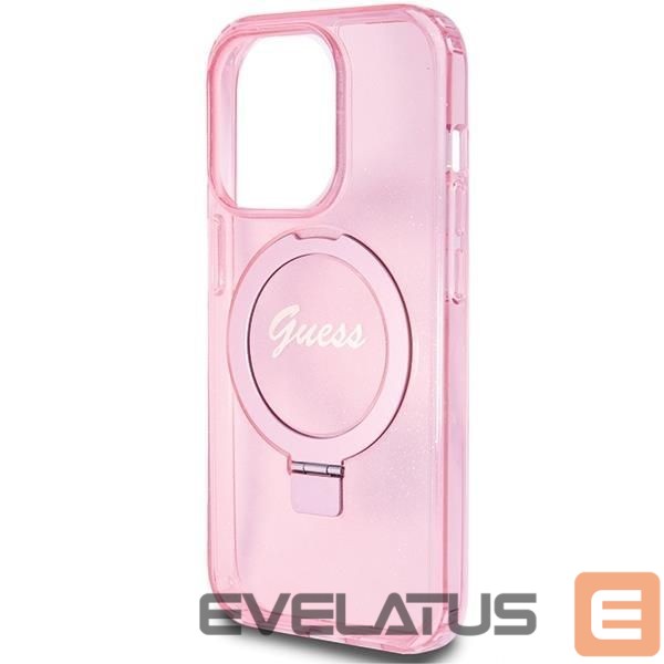 Back panel cover Guess Guess Ring Stand Script Glitter MagSafe case for iPhone 15 Pro Max - pink