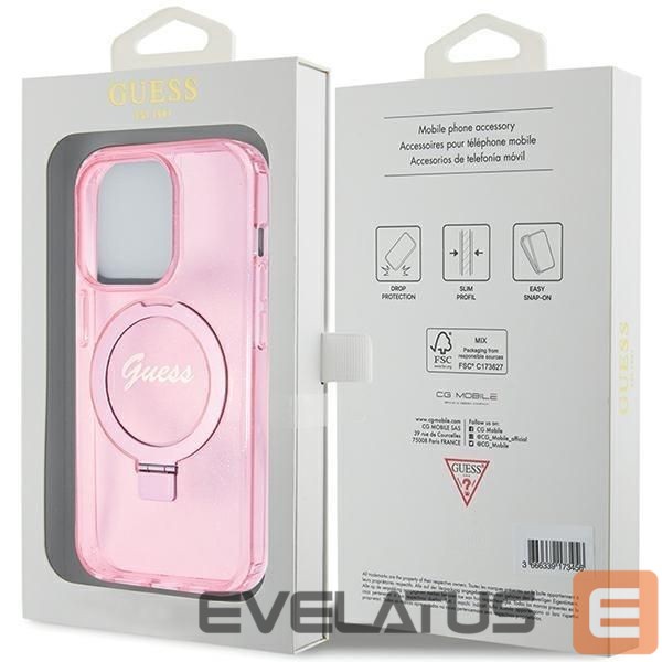 Back panel cover Guess Guess Ring Stand Script Glitter MagSafe case for iPhone 15 Pro Max - pink