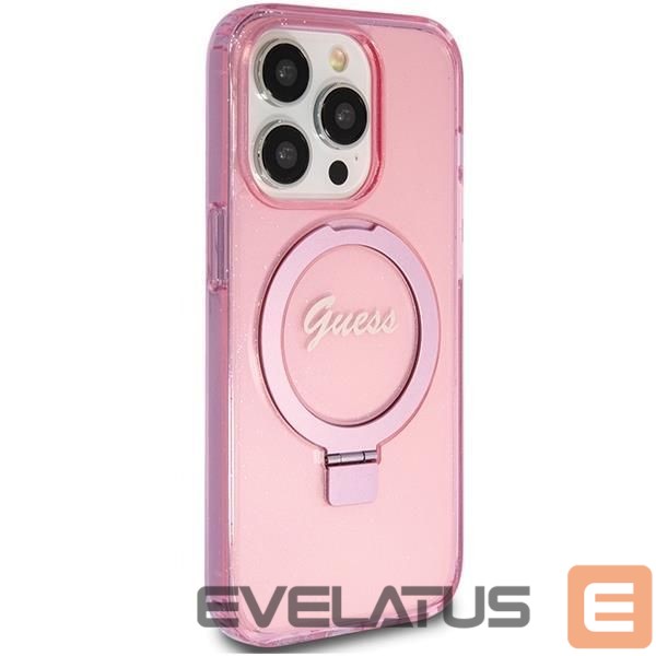 Back panel cover Guess Guess Ring Stand Script Glitter MagSafe case for iPhone 15 Pro Max - pink