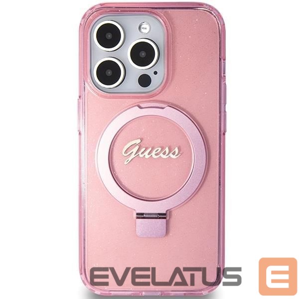 Back panel cover Guess Guess Ring Stand Script Glitter MagSafe case for iPhone 15 Pro Max - pink